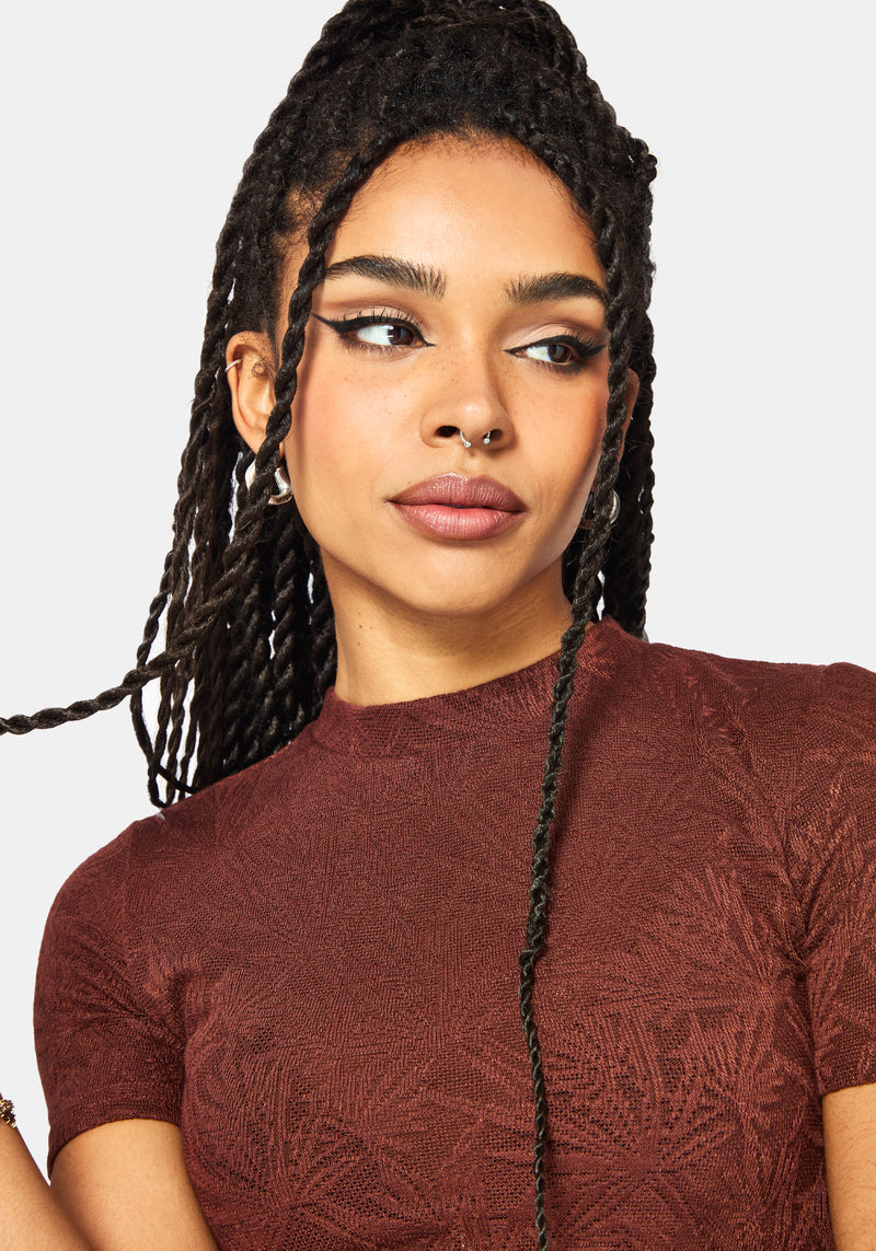 Moiren Brown Knit Short Sleeved Crop Top