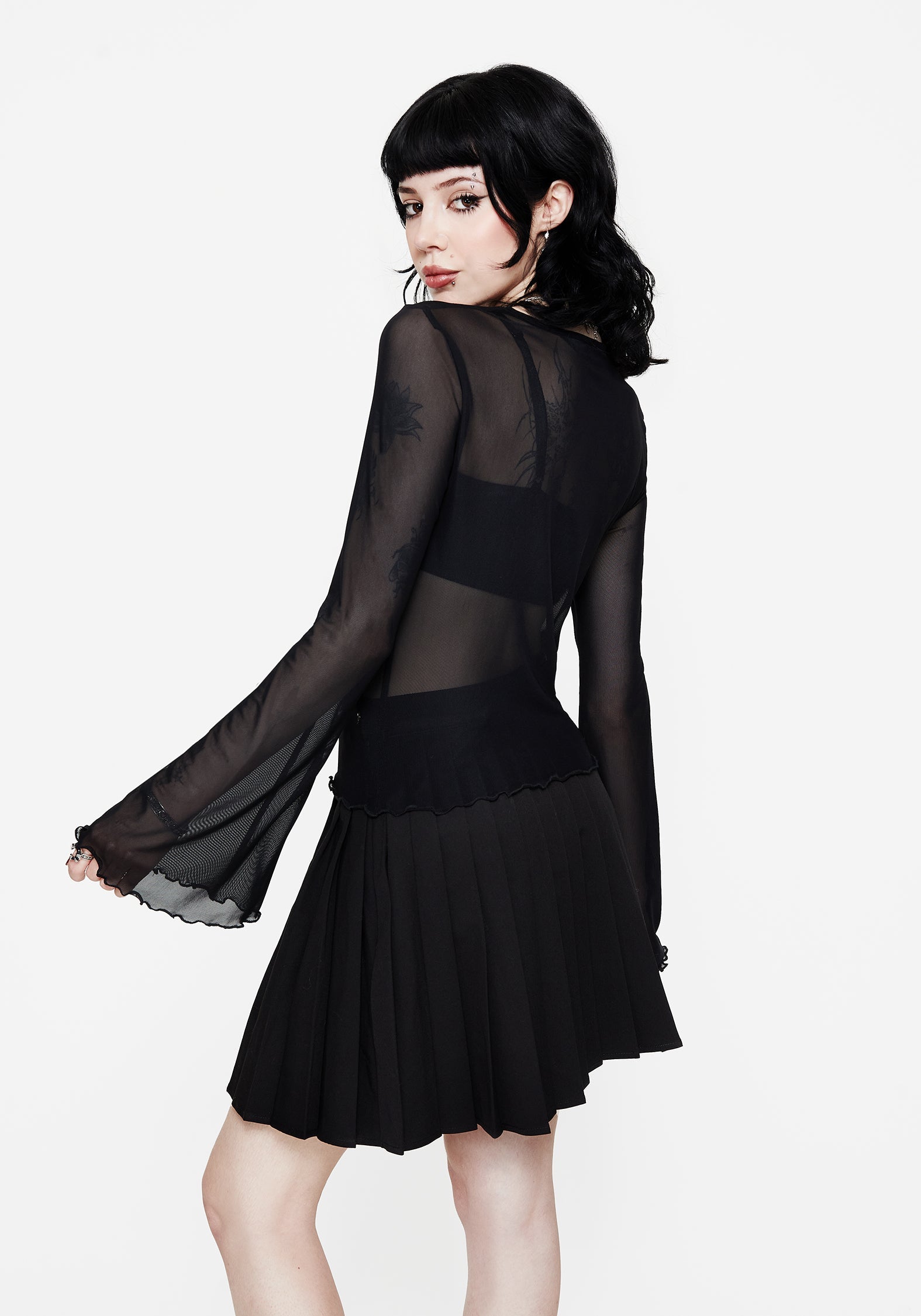 Flavia Mesh Fluted Long Sleeve Top