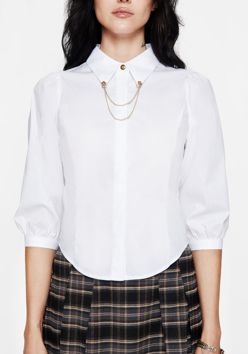 Mire Button Up Puff Sleeve Chain Collared Shirt