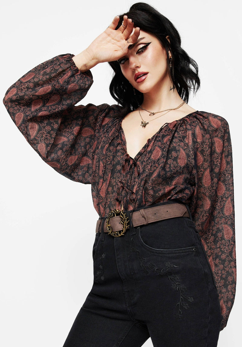 Isola Sheer Paisley Tie Front Blouse