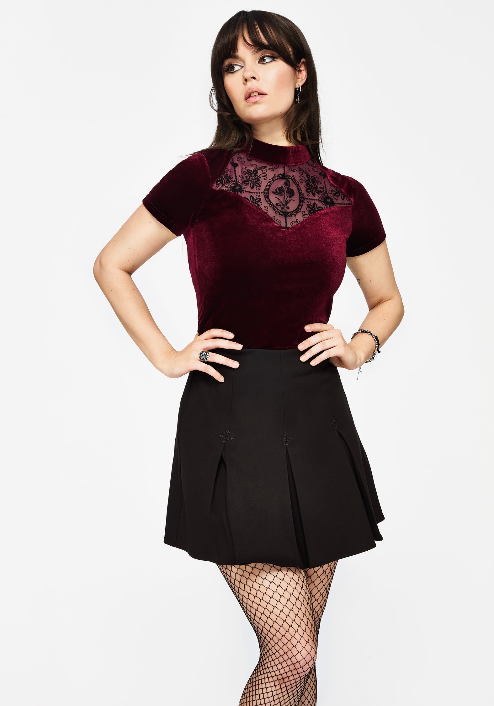 Cameo Blumenmuster Beflockt Mesh Velours Hoch Hals Top - Rot