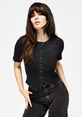 Faye Cotton-Blend Floral Embroidered Waffle Button Up Top