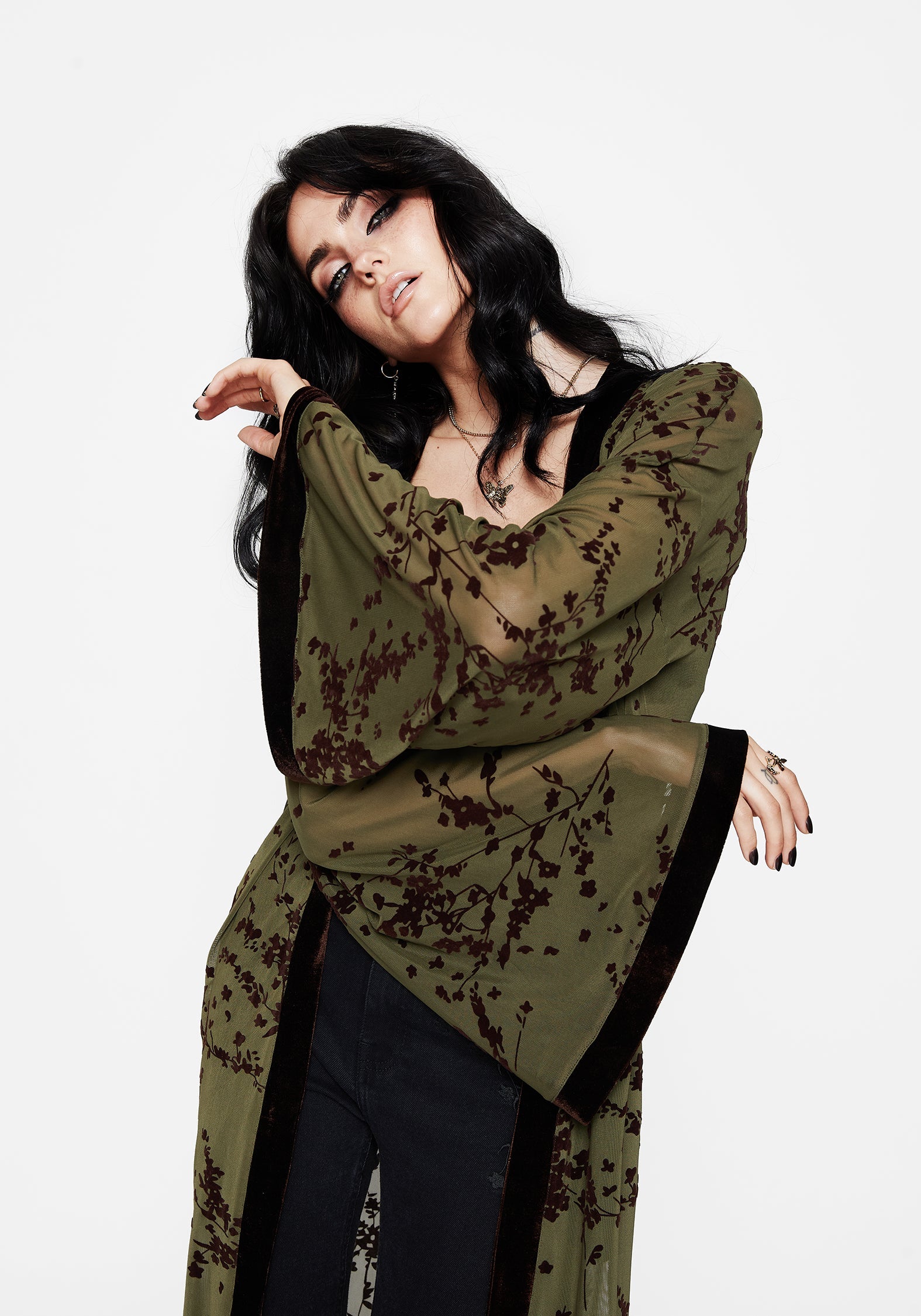 Jael Flocked Longline Mesh Kimono
