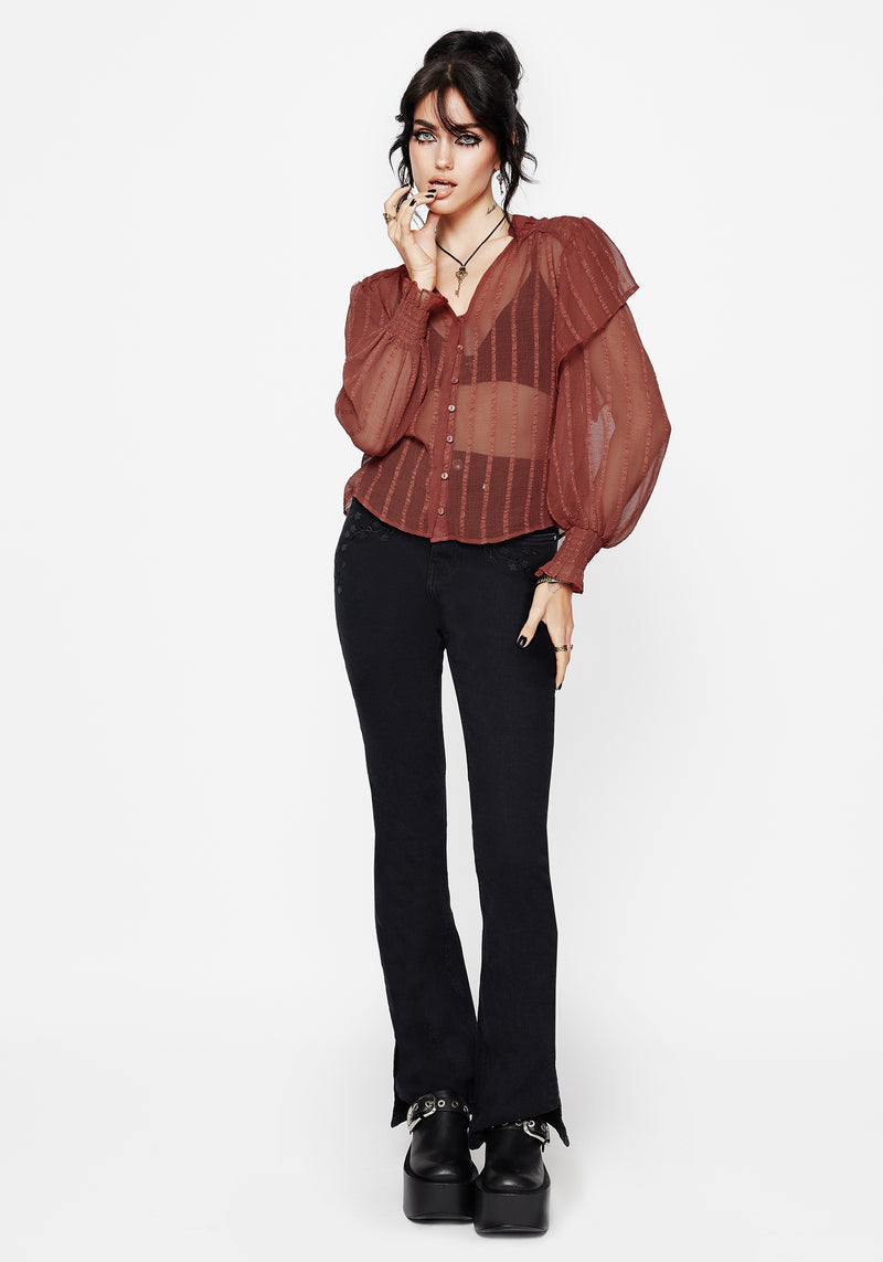 Asteria Sheer Textured Stripe Ruffle Blouse