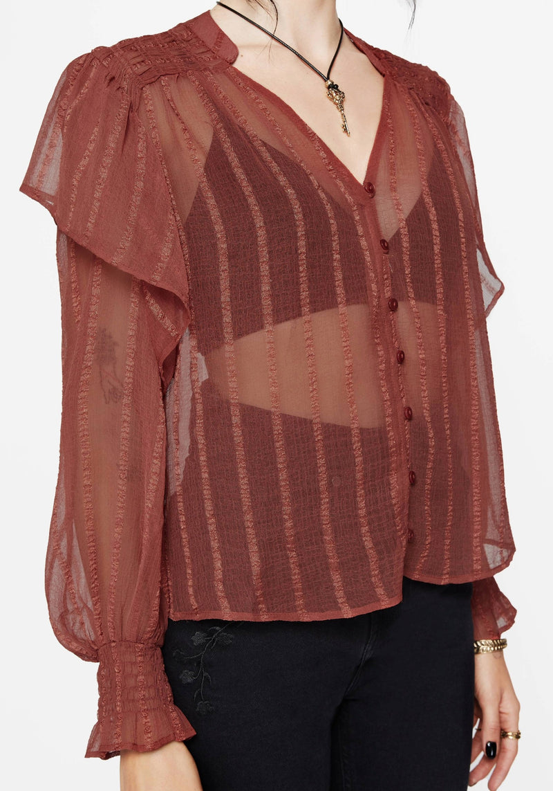 Asteria Sheer Textured Stripe Ruffle Blouse