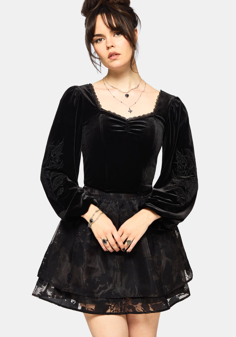 Nelle Velour Embroidered Puff Sleeve Corset Top