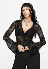 Hexborn Baba Yaga Flocked Button Down Mesh Top