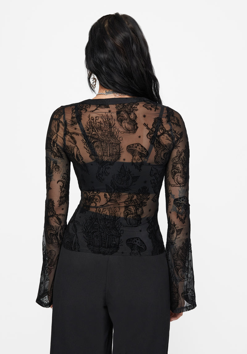 Hexborn Baba Yaga Flocked Button Down Mesh Top