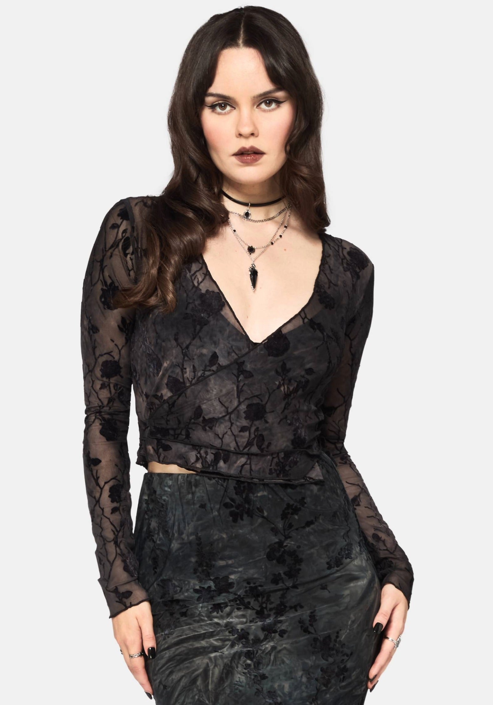 Monroe Flocked Long Sleeved Mesh Wrap Over Top