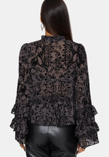 Thorned Flocked Castle Print Chiffon Frill Blouse