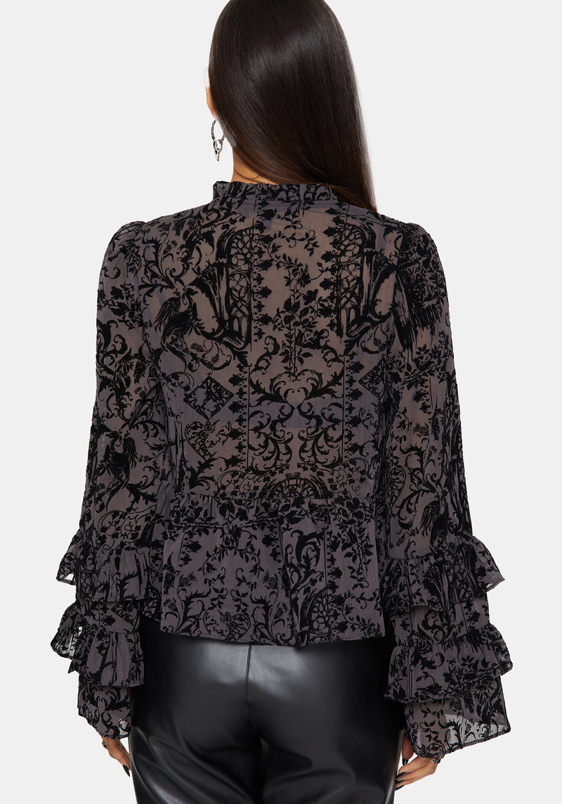Thorned Flocked Castle Print Chiffon Frill Blouse