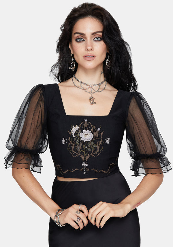 Silva Climbing Roses Embroidered Puff Sleeve Top