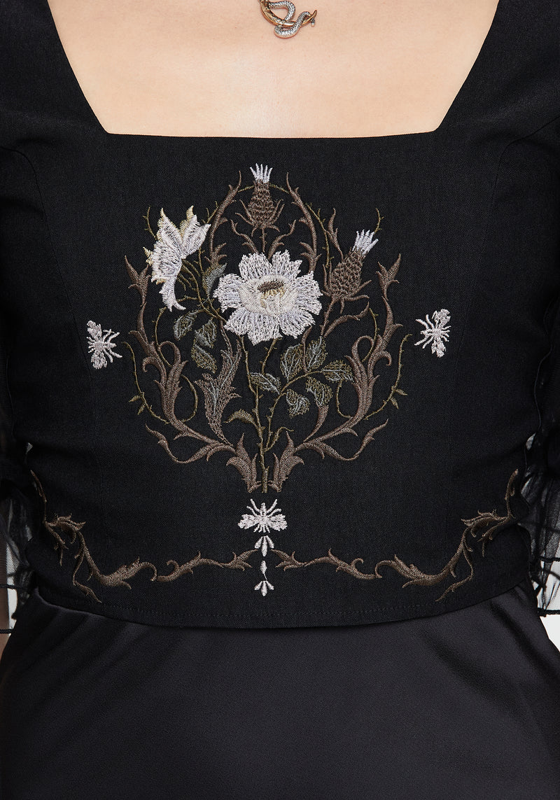 Silva Climbing Roses Embroidered Puff Sleeve Top