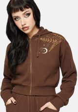 Abellona Waffle Embroidered Cropped Zip Up Hoodie