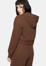 Abellona Waffle Embroidered Cropped Zip Up Hoodie