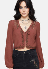 Abellona Embroidered Rust Tie Front Blouse