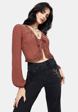 Abellona Embroidered Rust Tie Front Blouse