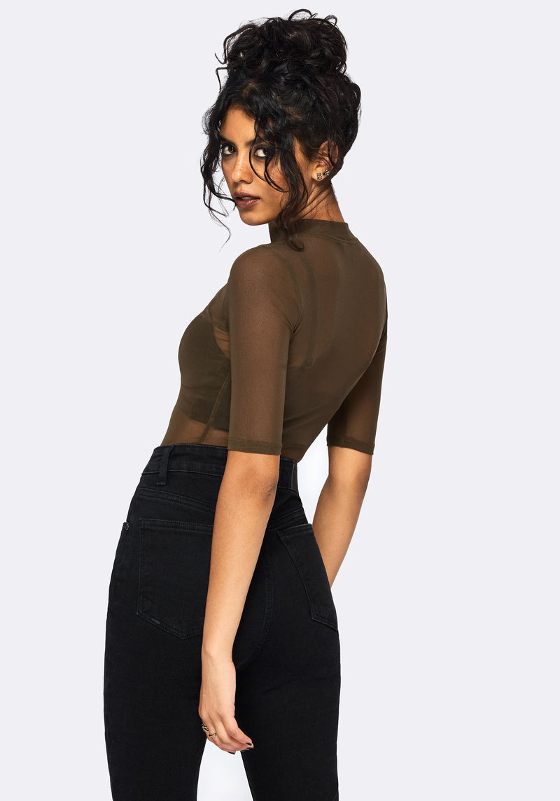 Jinx Mesh Short Sleeve Top - Khaki Green