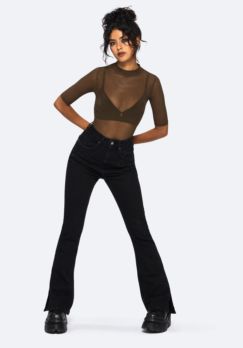 Jinx Mesh Short Sleeve Top - Khaki Green