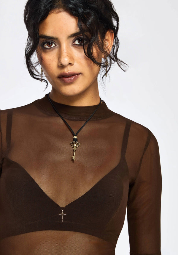 Jinx Mesh Short Sleeve Top - Brown