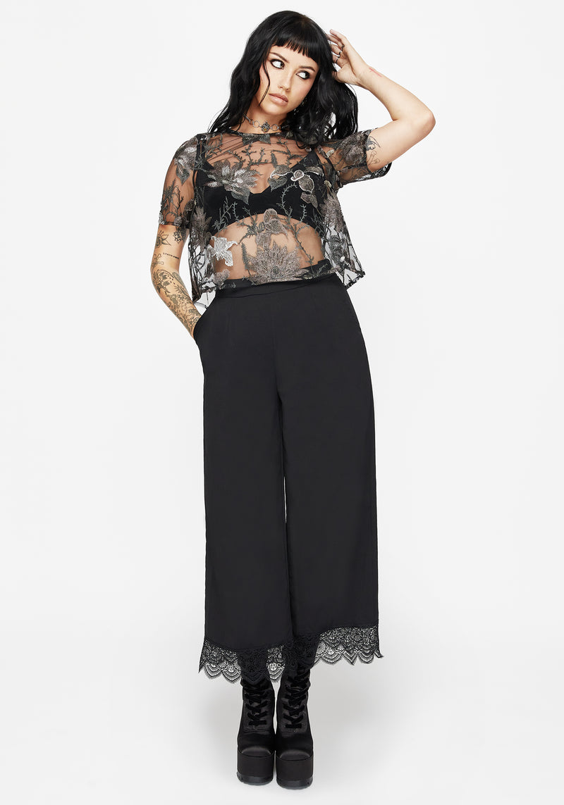 Estrid Embroidered Mesh Tie Back Blouse Top - Silver