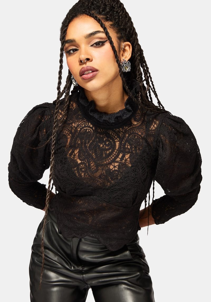 Lyra Lace Ruched High Neck Blouse - Black