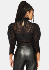 Lyra Lace Ruched High Neck Blouse - Black