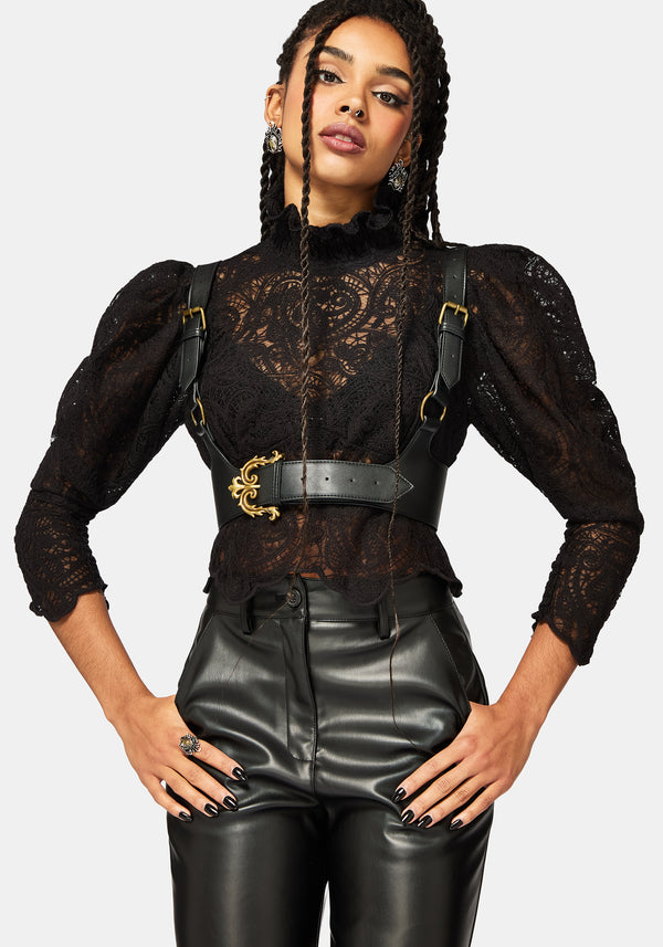 Lyra Lace Ruched High Neck Blouse - Black