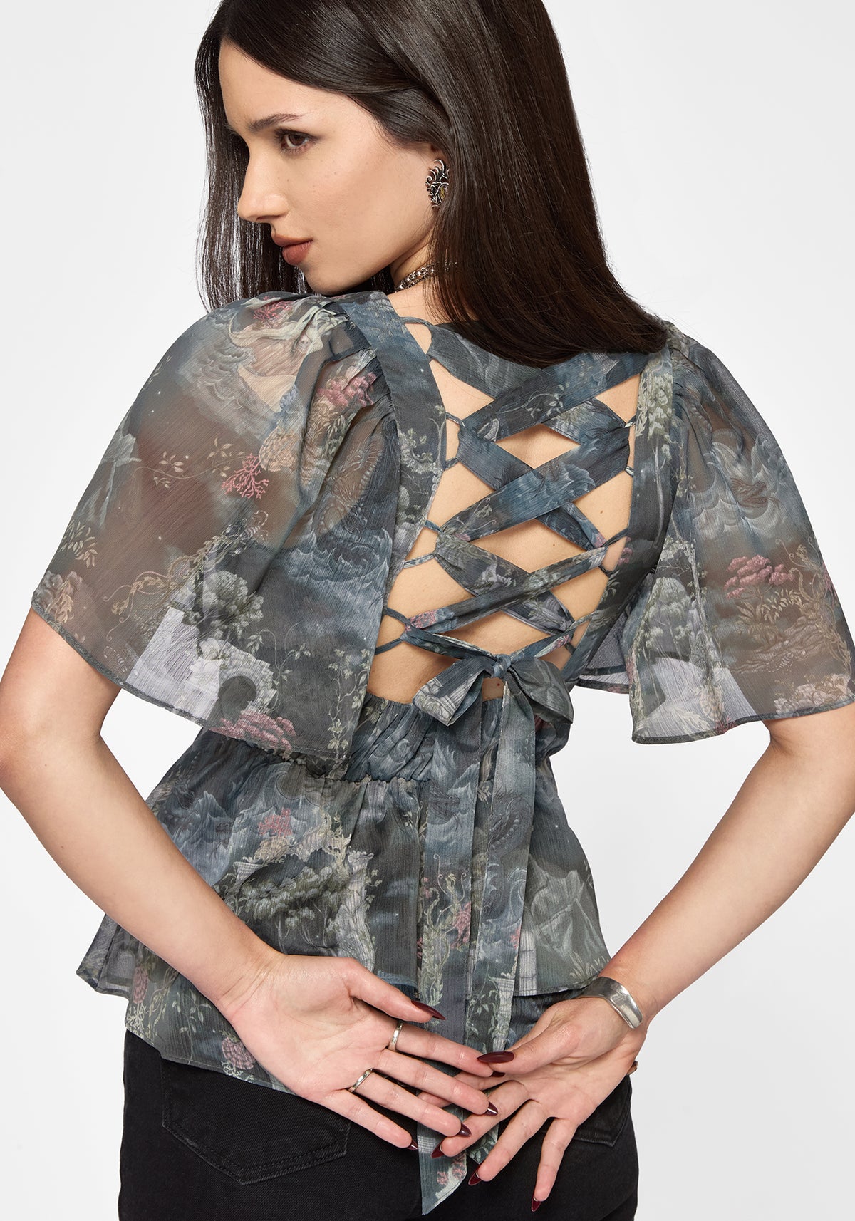Thalassa Print Tie Back Angel Sleeve Top