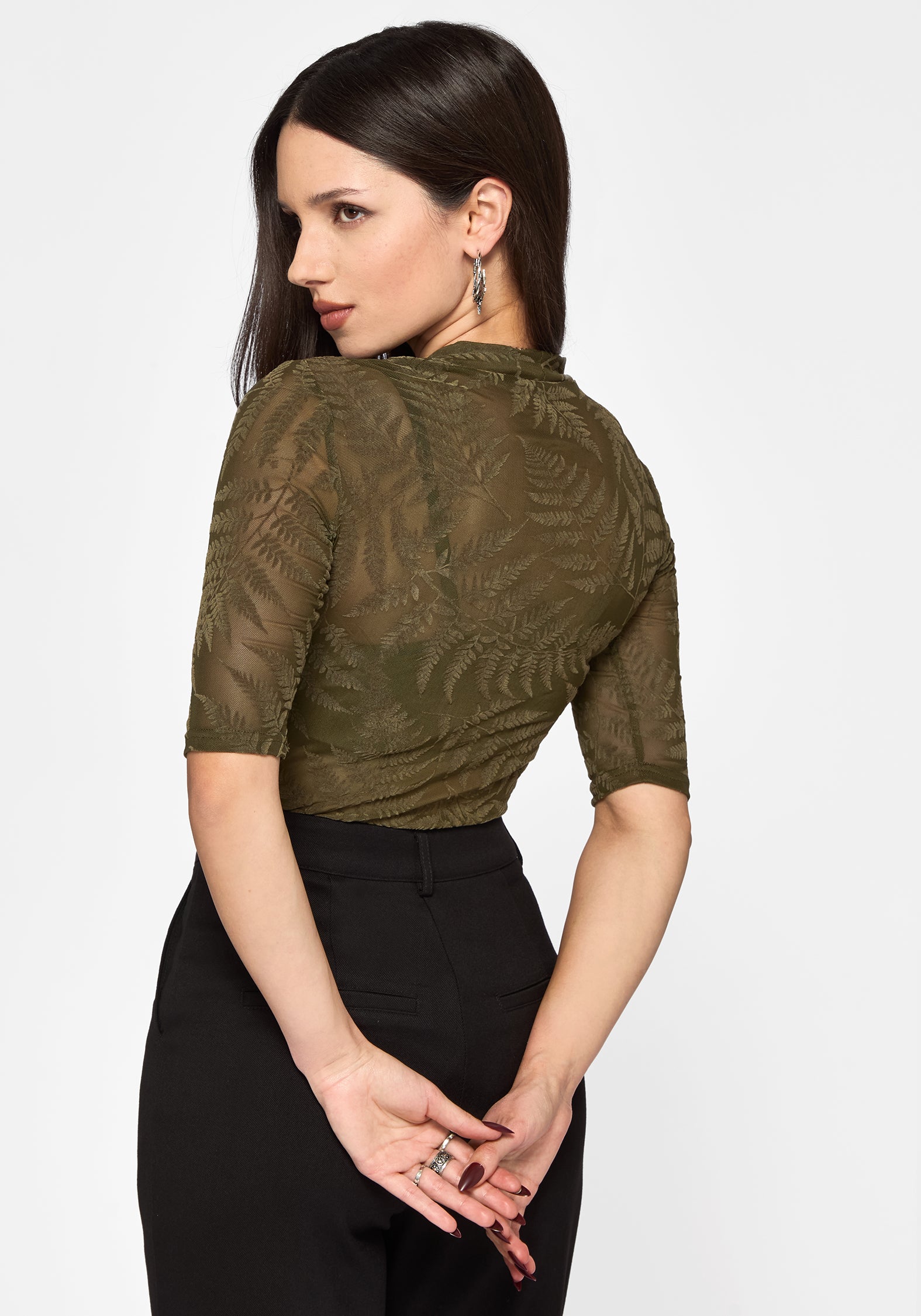 Lunafern Flocked Fern Short Sleeve Mesh Top - Green
