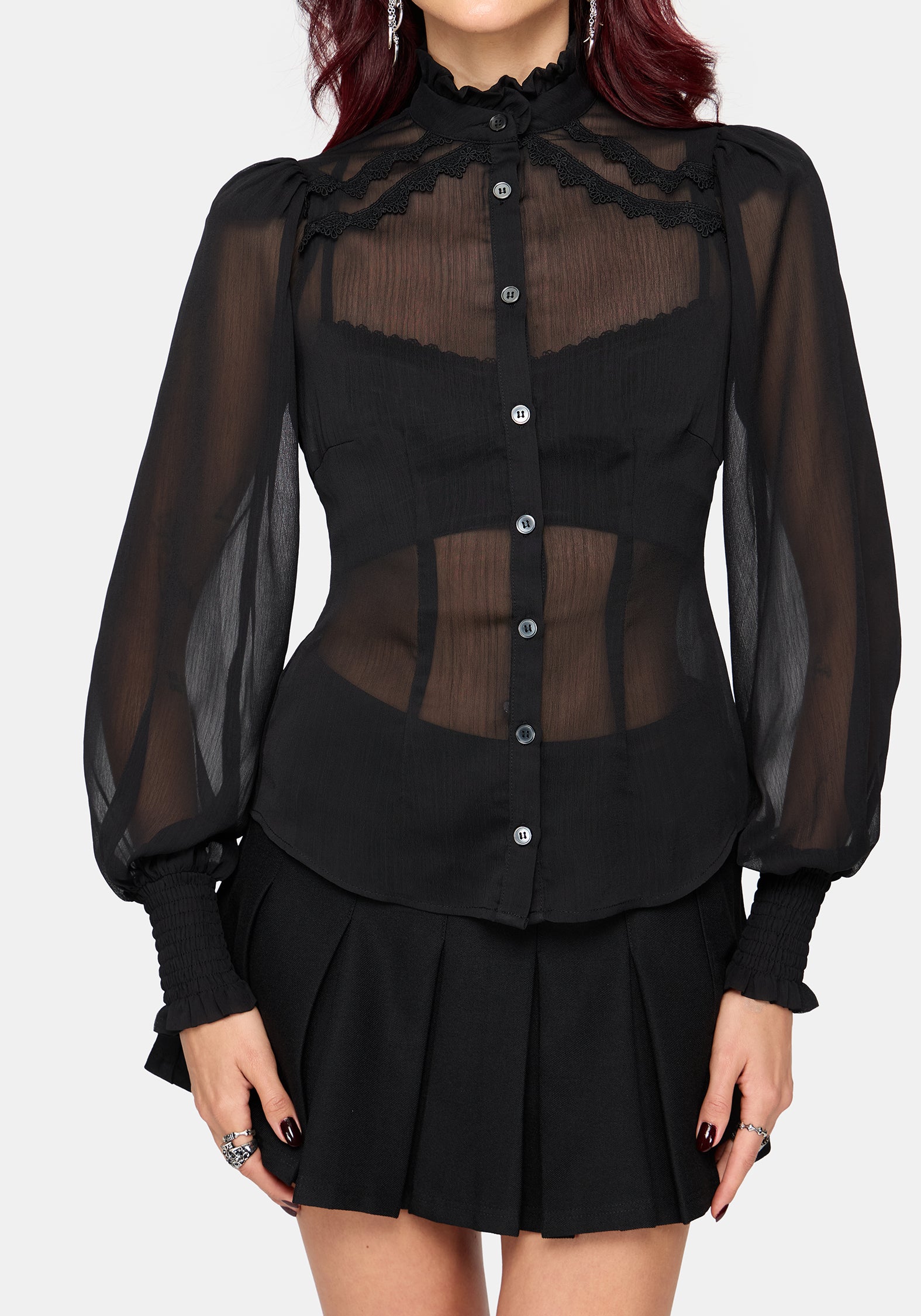 Zia Chiffon Sheer Lace Trim Shirt