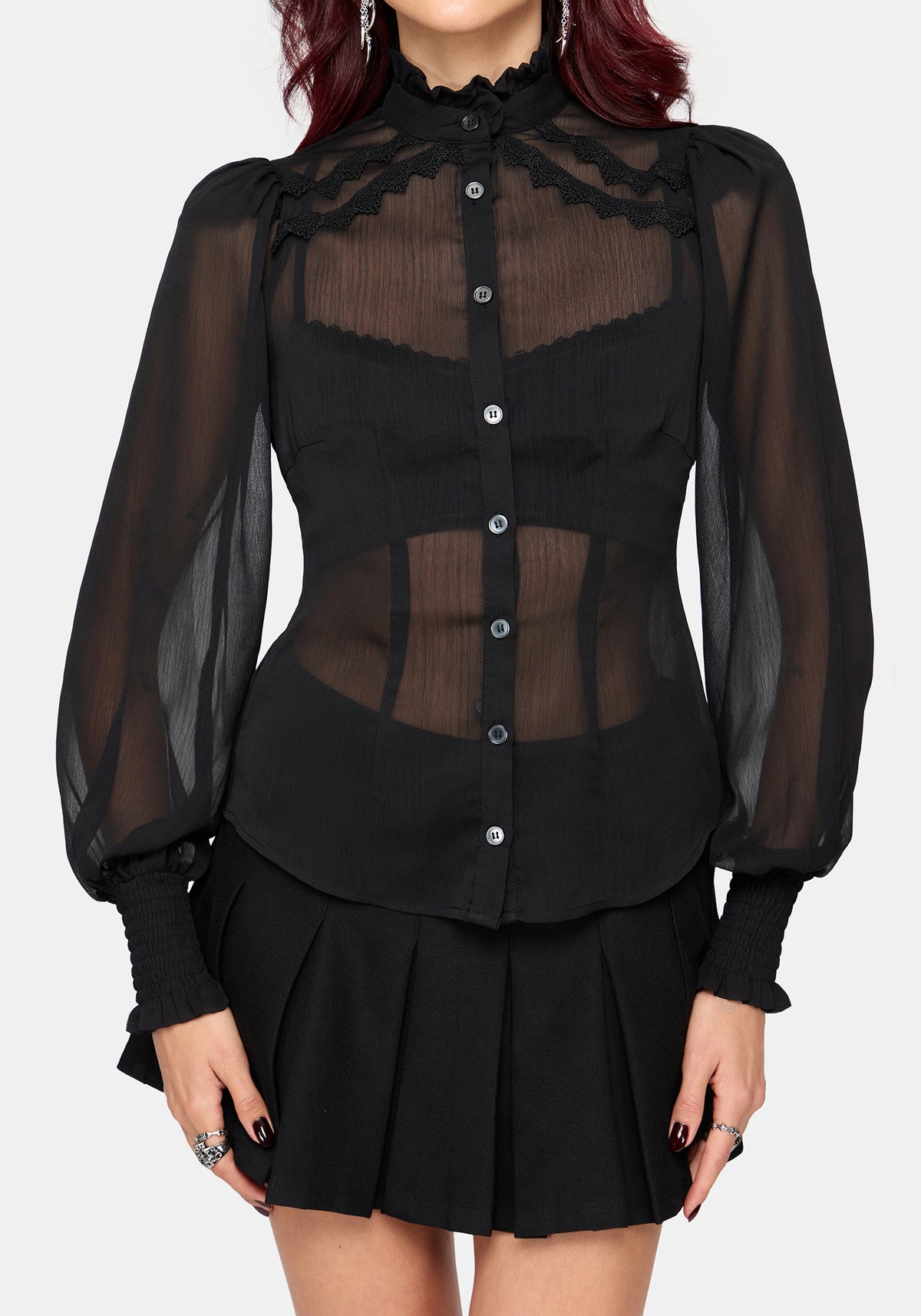 Zia Chiffon Sheer Lace Trim Shirt