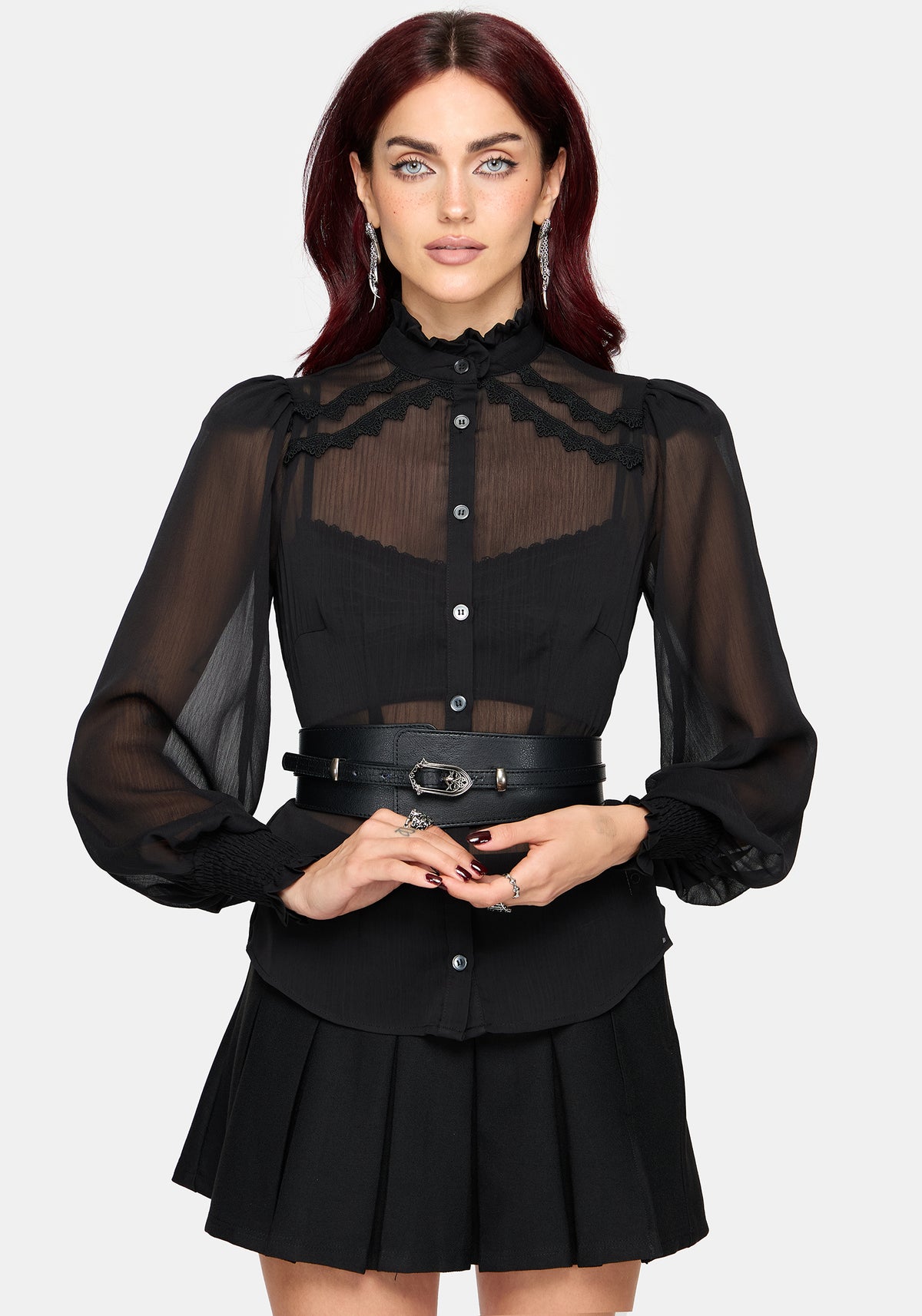 Zia Chiffon Sheer Lace Trim Shirt