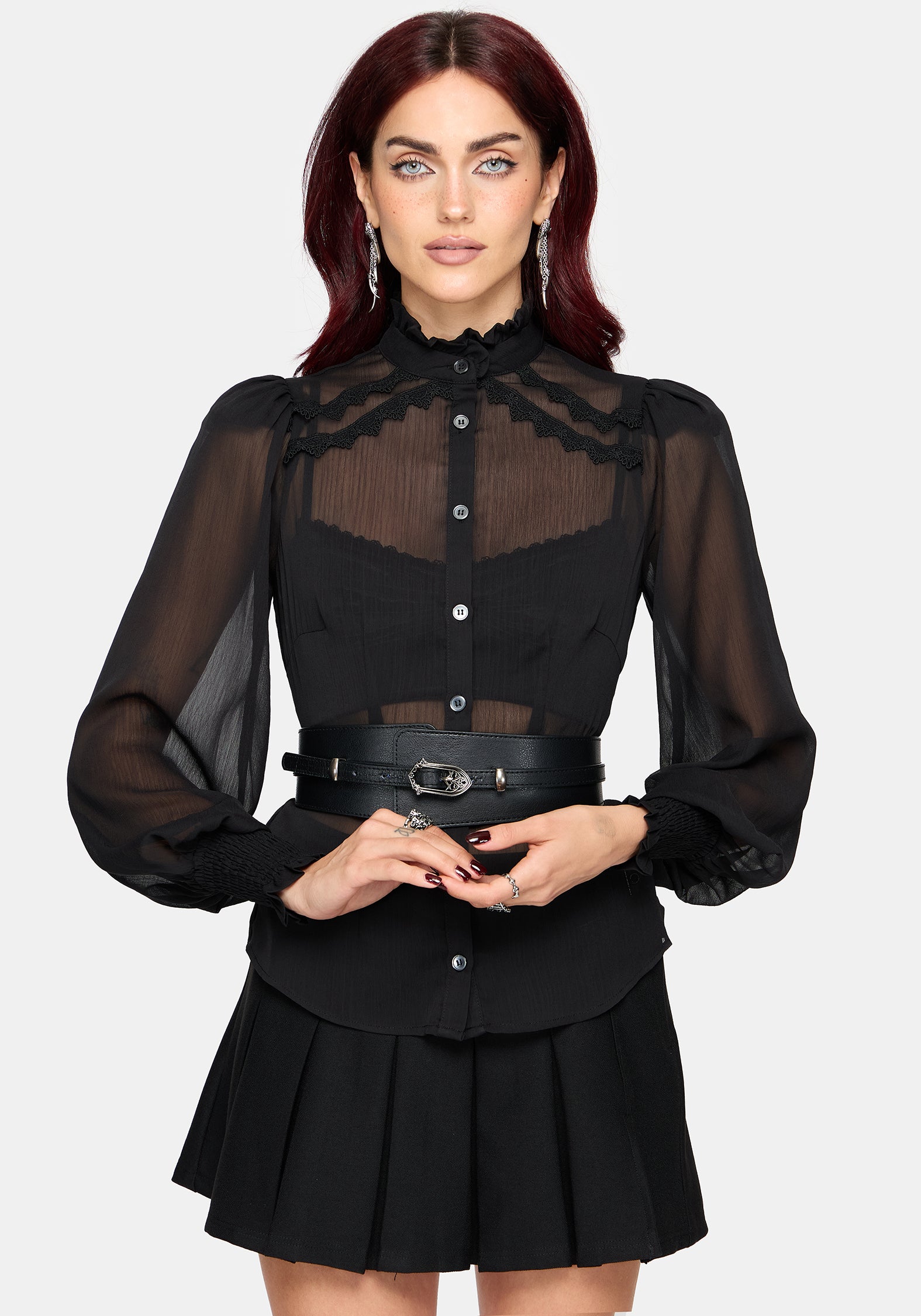 Zia Chiffon Sheer Lace Trim Shirt