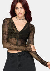 Zuri Button Down Lace Printed Shirt - Green