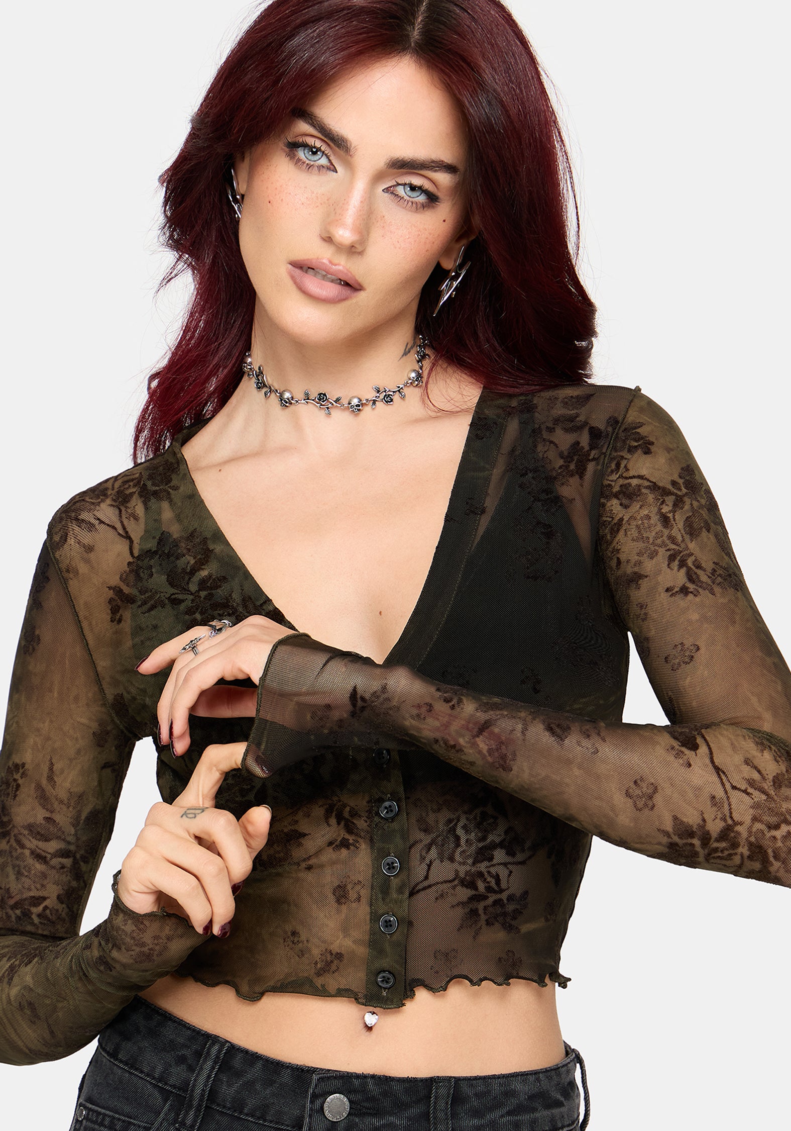 Zuri Button Down Lace Printed Shirt - Green