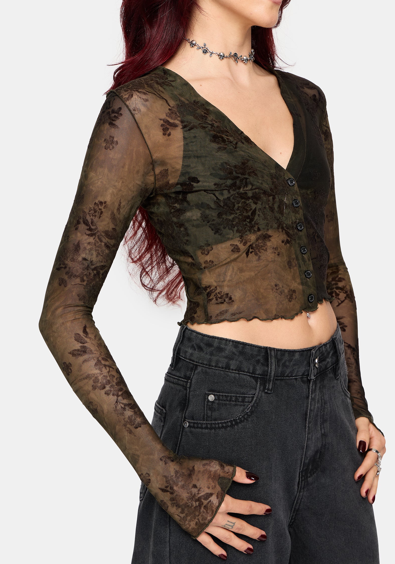 Zuri Button Down Lace Printed Shirt - Green