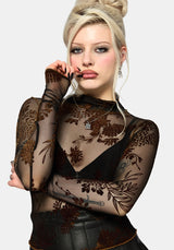 Rosaleigh Flock Velour Mesh Long Sleeve Top - Black