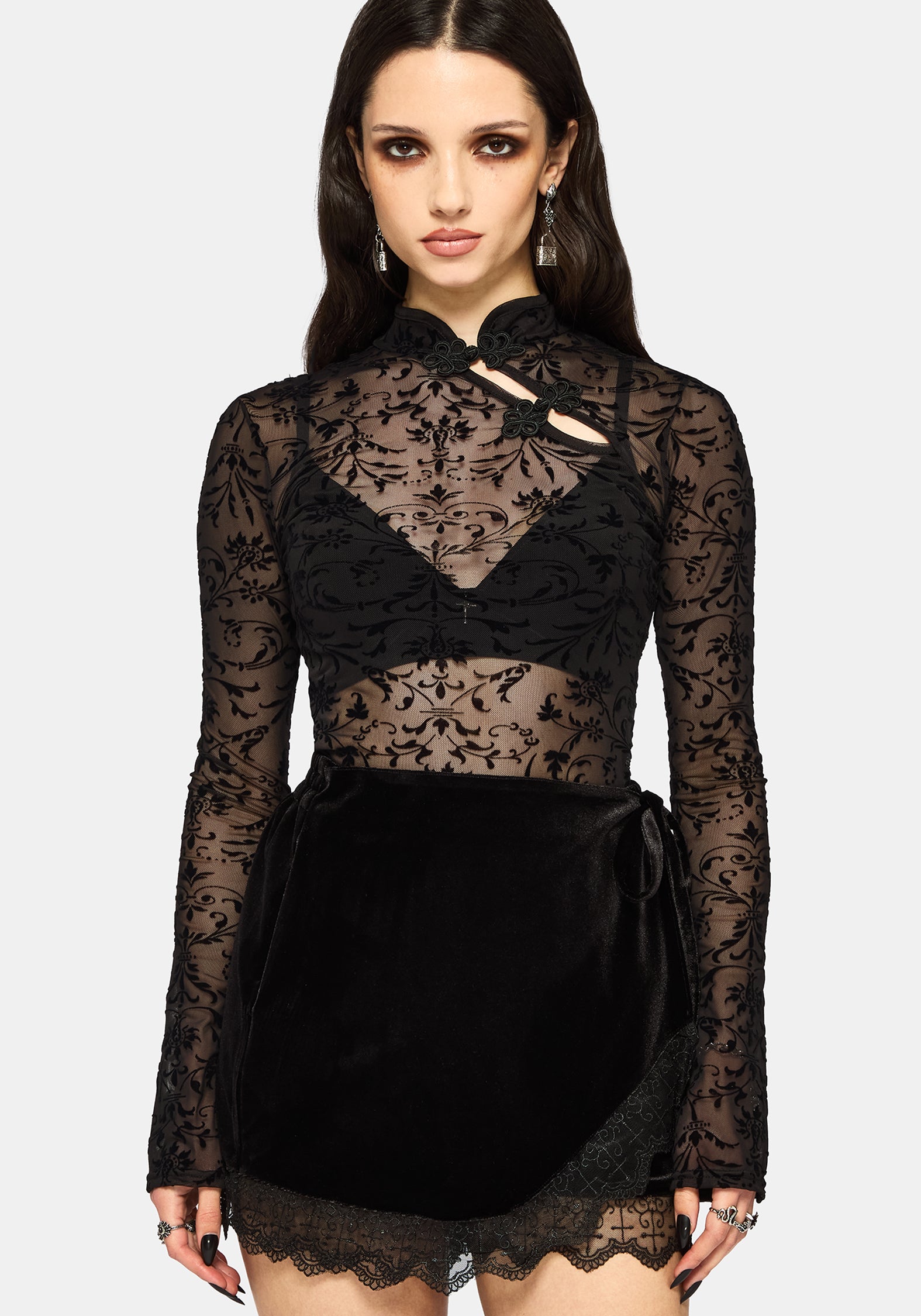 Mae Flock Mesh Asymmetric Long Sleeve Top