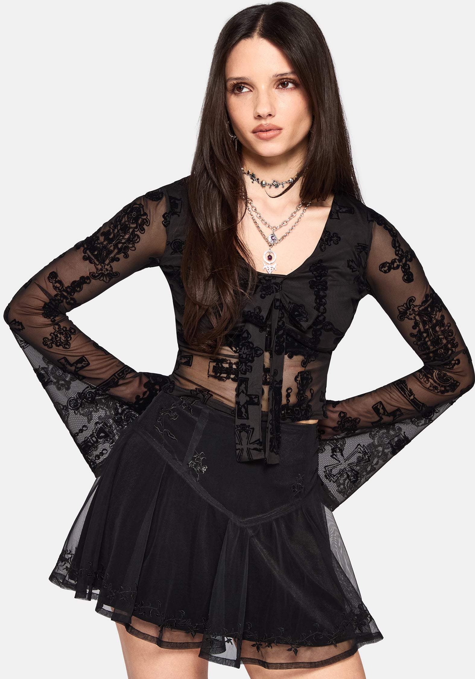 Pyra Jewel Flock Mesh Tie Front Top