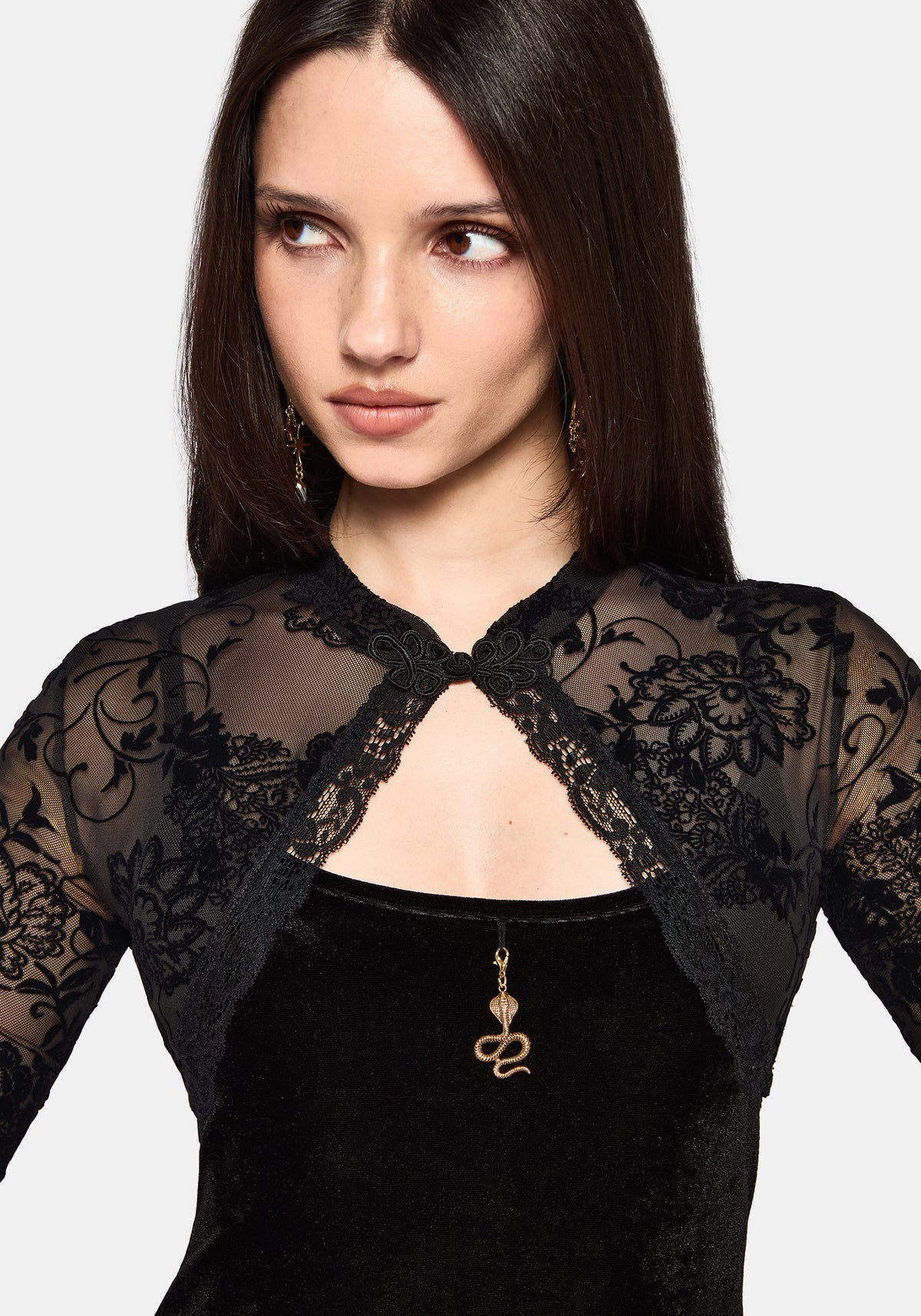 Void Bloom Flocked Mesh Shrug Top