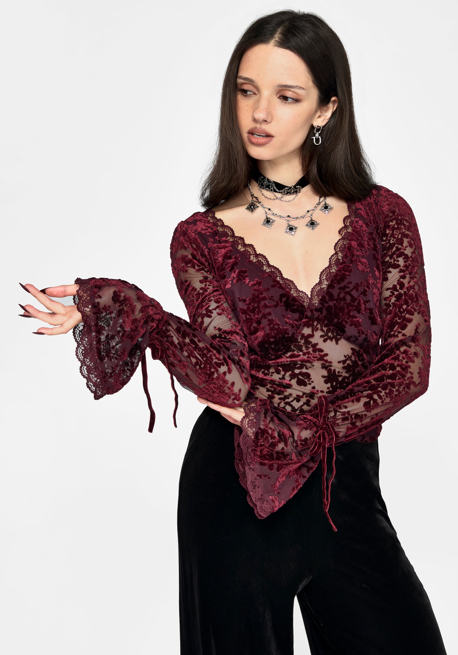 Delilah Corded Flock Long Sleeve Blouse
