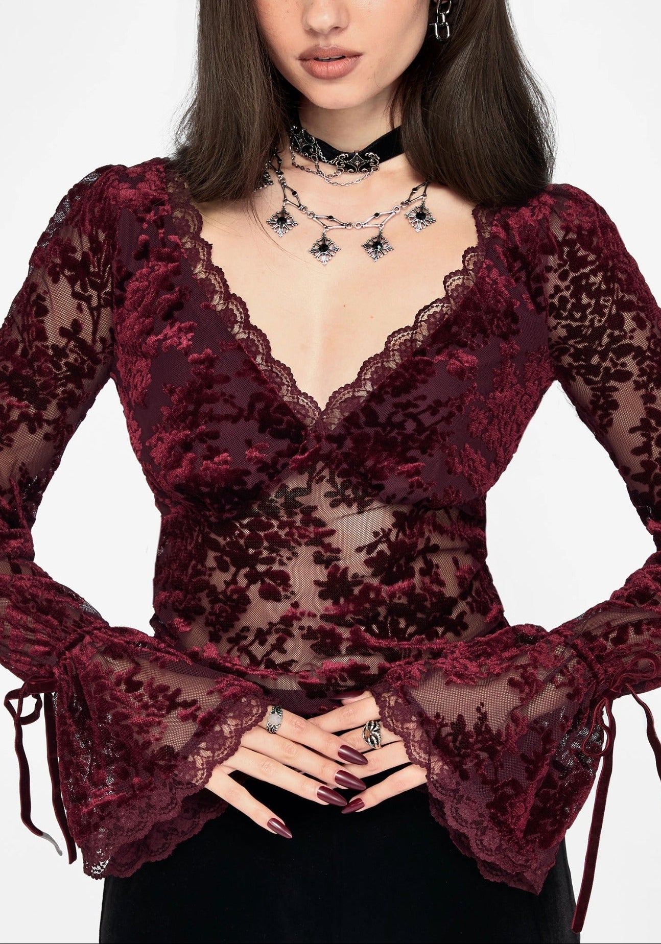 Delilah Corded Flock Long Sleeve Blouse