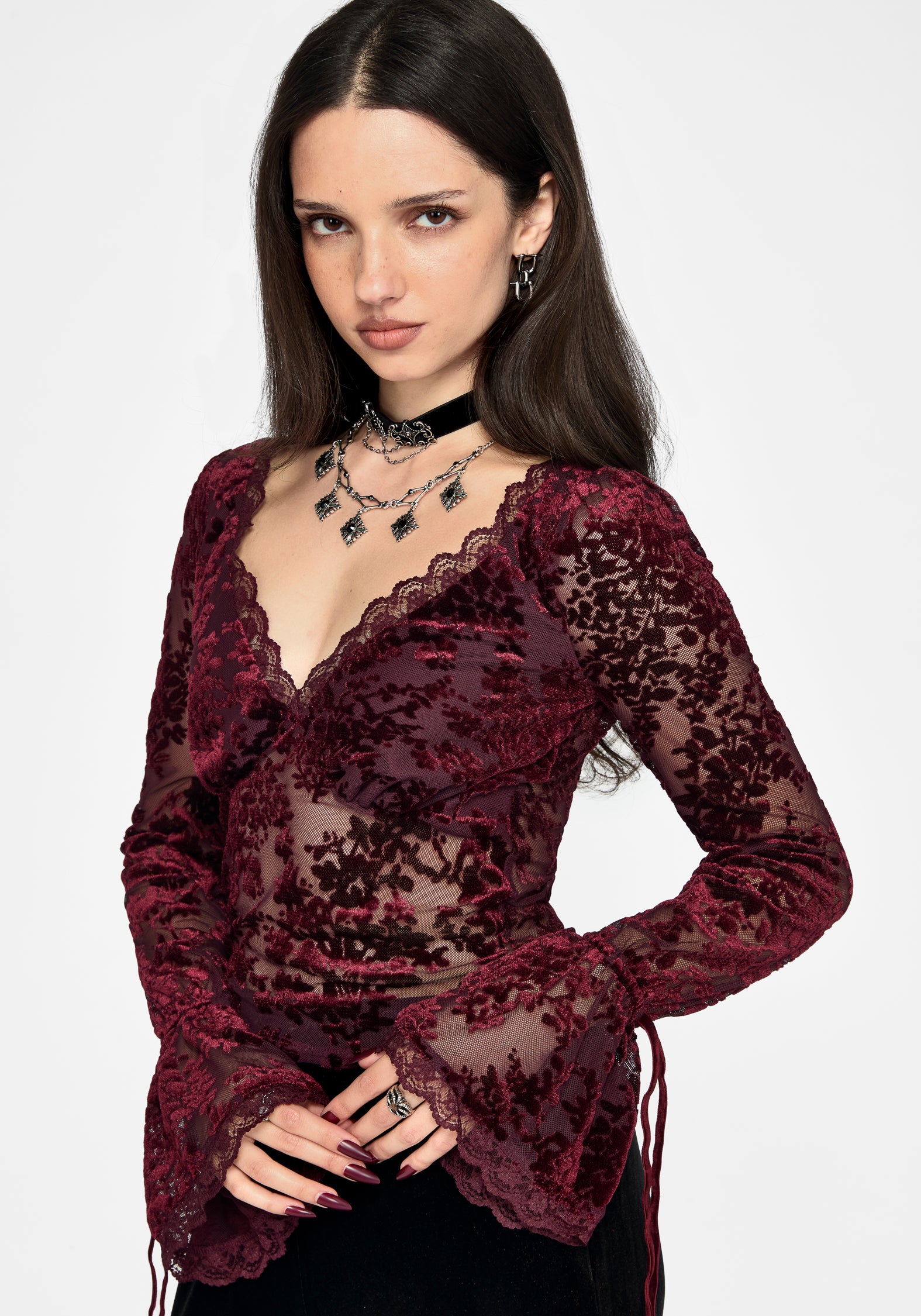Delilah Corded Flock Long Sleeve Blouse