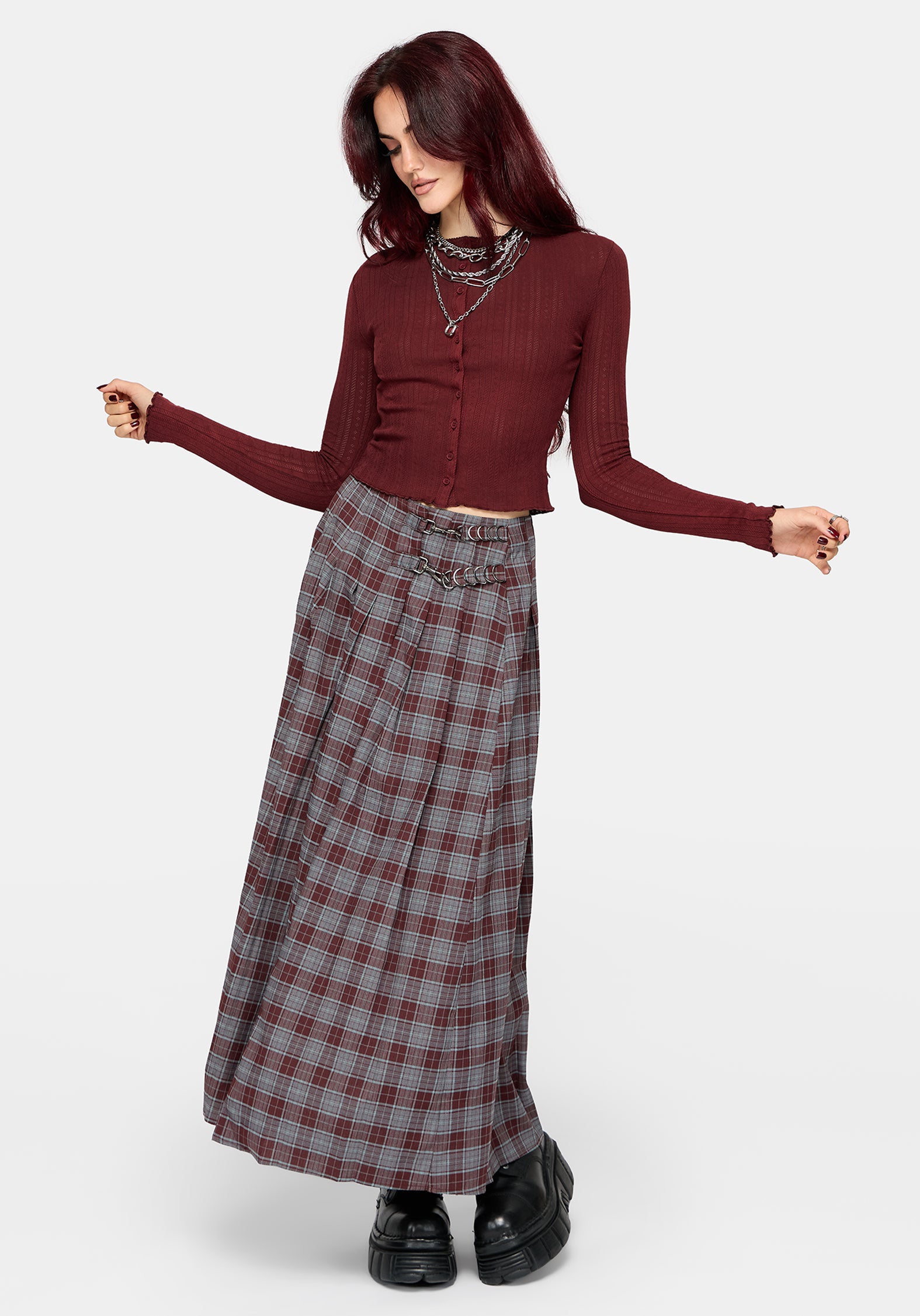 Lucera Pointelle Long Sleeve Cardigan - Red