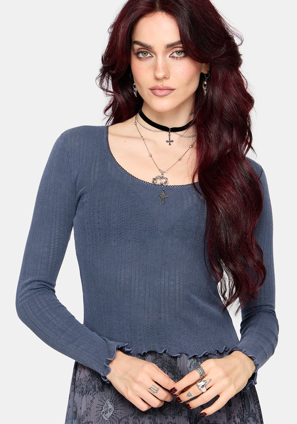 Lucera Long Sleeve Pointelle Scoop Neck Top - Blue