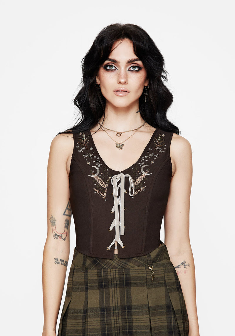 Abellona Embroidered Tie Up Front Corset Top