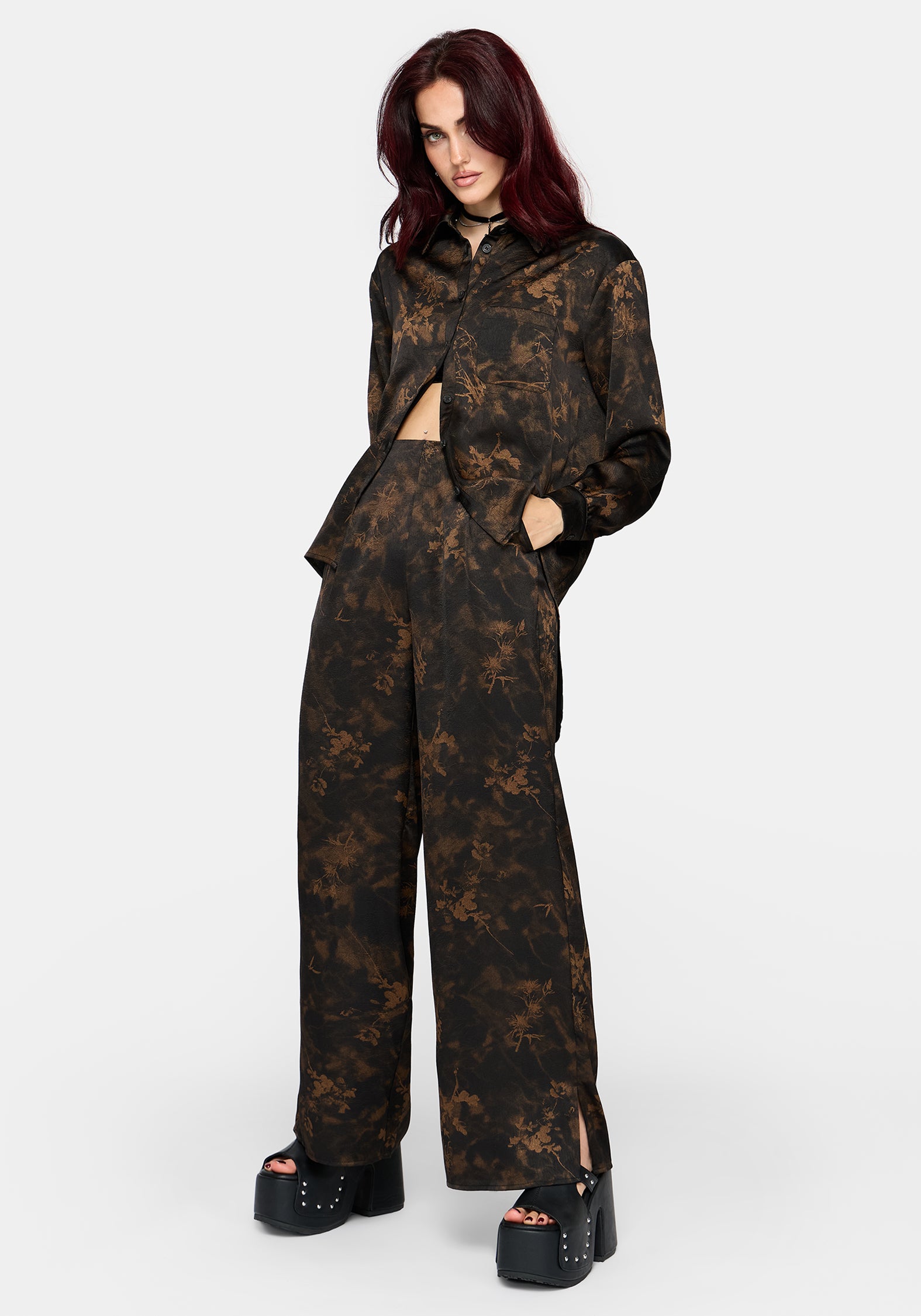 Gallo Satin Jacquard Wide Leg Split Trouser