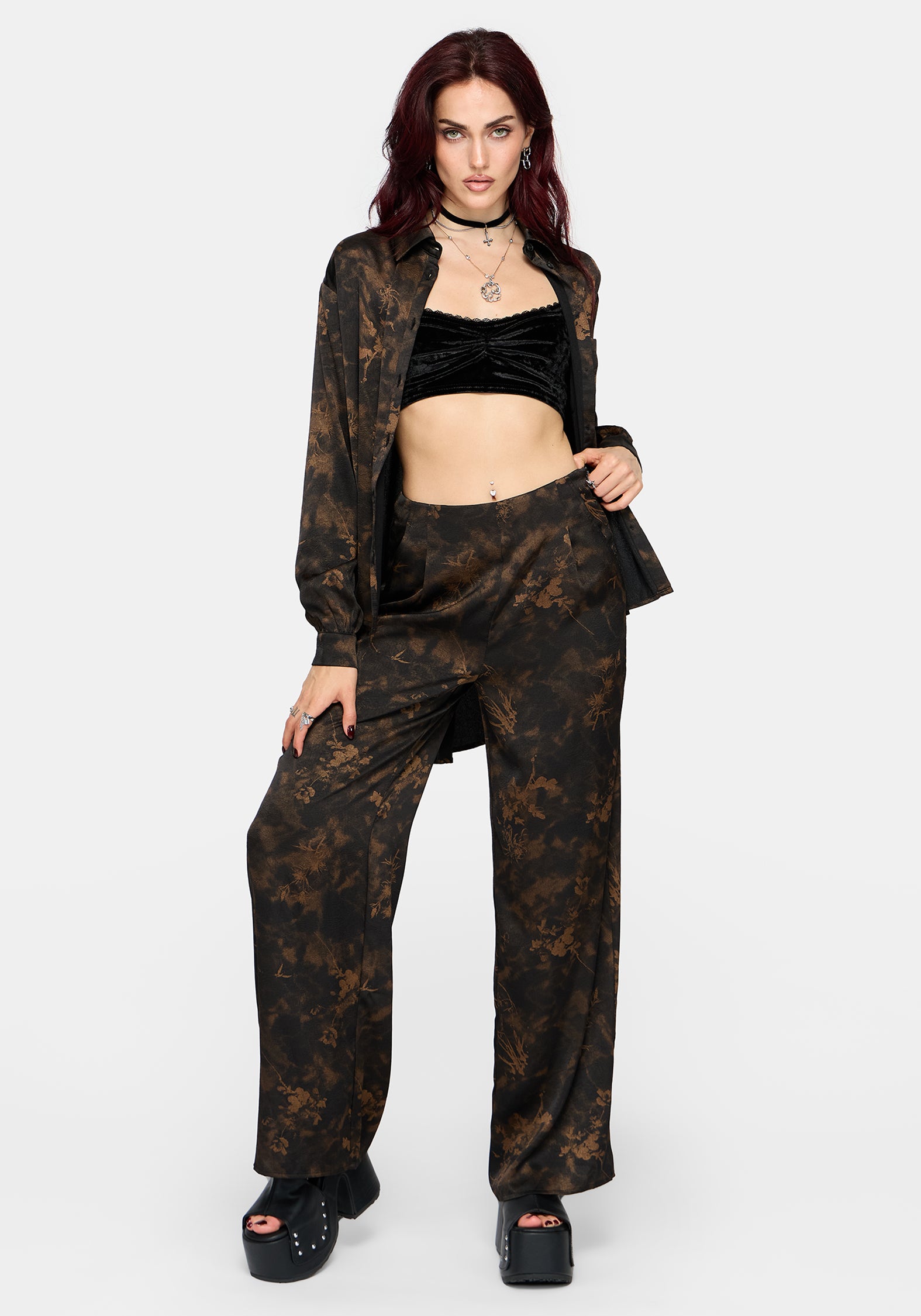 Gallo Satin Jacquard Wide Leg Split Trouser